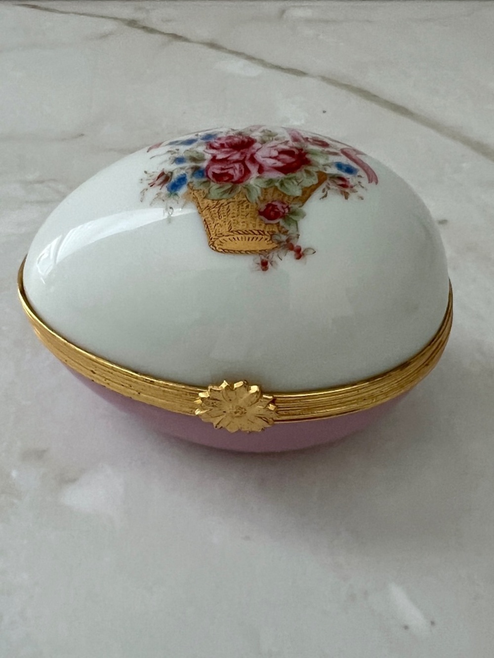 Limoges Castel Egg Box Fait Main | Pink Rose Basket Bow France | Vintage Collect